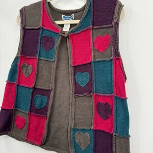 Vintage Bryn Connelly Knit Heart Patchwork Sweater Vest Large Cottage Grandma